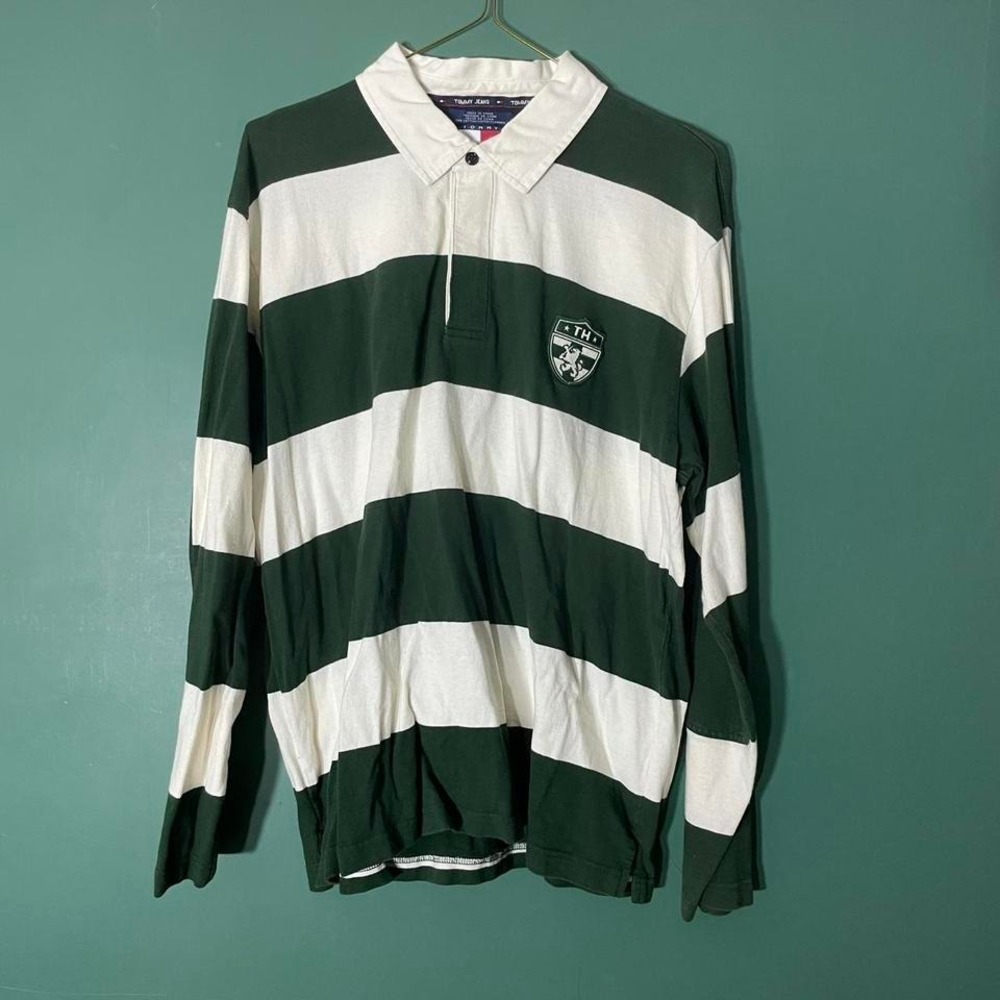 Vintage Tommy Hilfiger green and white rugby shirt